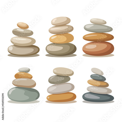 Six Stacked Stone Piles Illustration Set