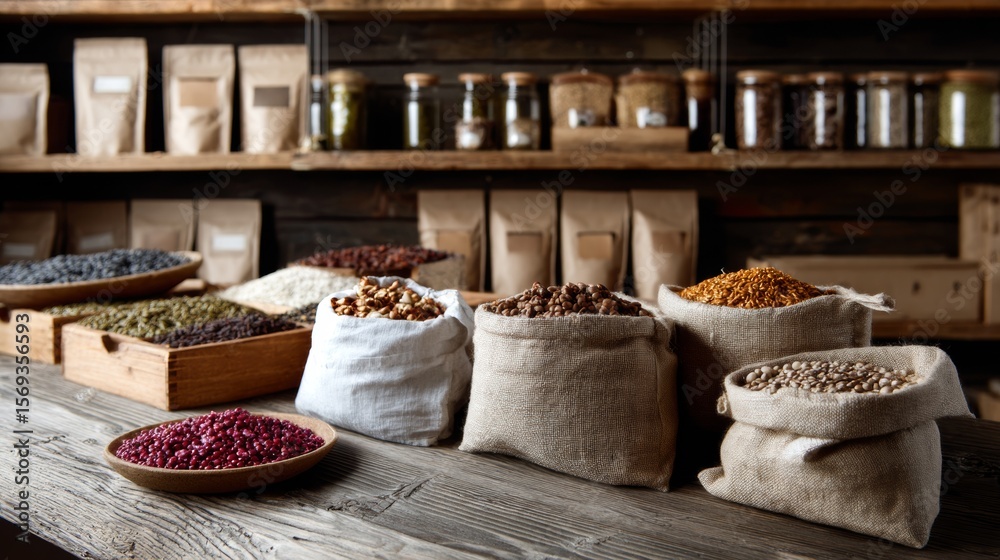 Fototapeta premium Rustic grain sacks and spices displayed in wooden shelves for organic grocery or market food visuals concept