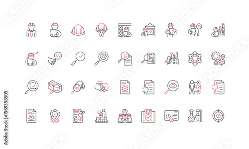 Inspection of factory mechanism and process, hardware and software, product line icon set. Audit and validation procedures, calibration checklist thin black and red symbols vector illustration