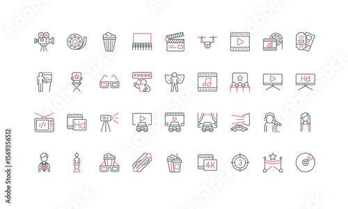 Cinema and entertainment, movie film and performance production, Hollywood celebrity line icon set. Drive in theater, dubbing, start countdown, projector thin black and red symbols vector illustration