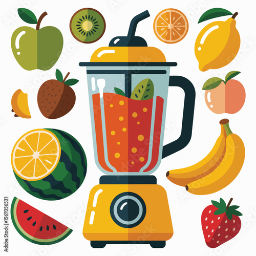 Fresh Fruit Smoothie in Yellow Blender with Assorted Ingredients