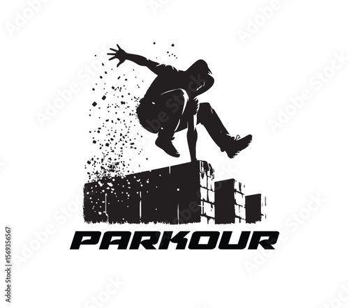 Parkour Grunge Logo, Free runner Silhouette with Debris Effect