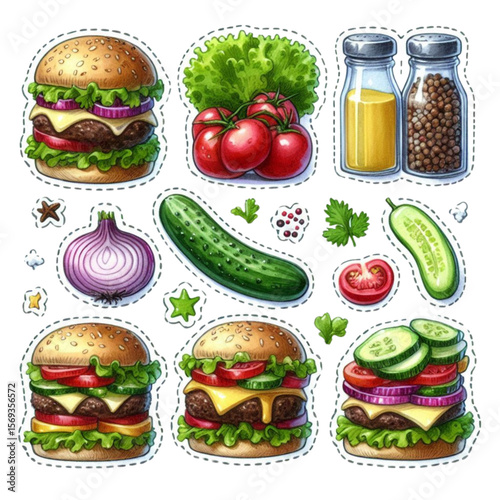 Colorful stickers of burgers with vegetables and condiments  