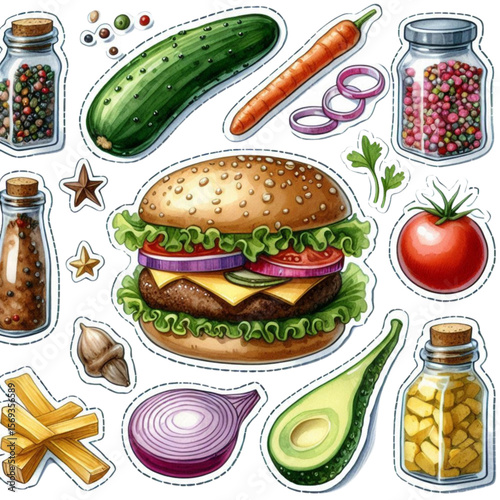 Colorful burger with fresh ingredients and condiments in illustration  