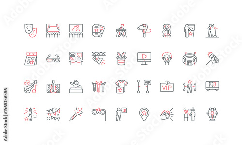 Show in theater and cinema, circus and amusement park, music festival line icon set. TV program on screen and movie, clown, discotheque, DJ party thin black and red symbols vector illustration