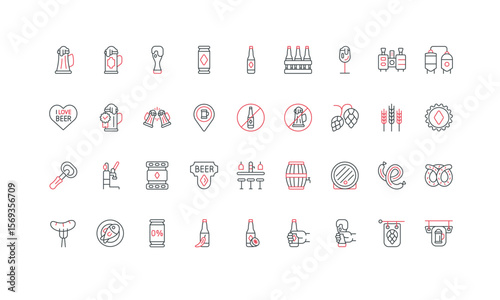 Beer and brewery, bar and pub menu of drunk party, drink and hop line icon set. Alcohol beverage with foam in glass mug and bottle, beer pint and barrel thin black and red symbols vector illustration
