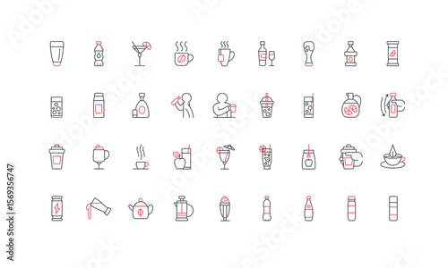 Drink menu, alcohol cocktail, glass of fresh juice, soda water, milkshake line icon set. Hot coffee and chocolate, wine and whiskey bottle, milk package thin black and red symbols vector illustration