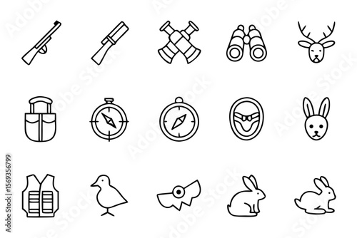 Hunting equipment icons including rifles, binoculars, and animals  