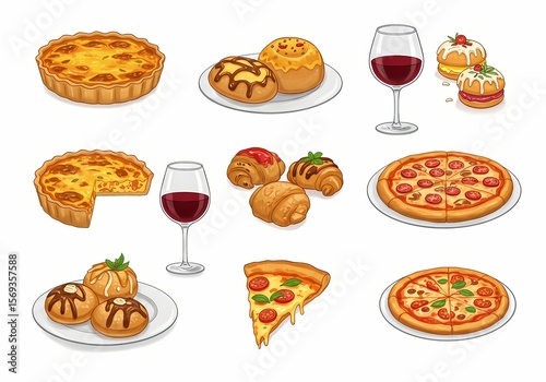 Delicious assortment of food and wine featuring pizza, quiche, croissants, and sweet pastries for a tasty culinary experience.