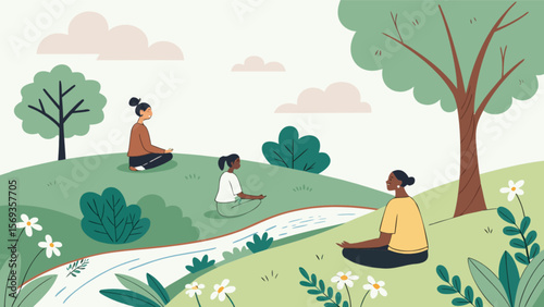 Women meditation in nature outdoors mindfulness wellness relaxing yoga peaceful tranquil harmony serenity retreat