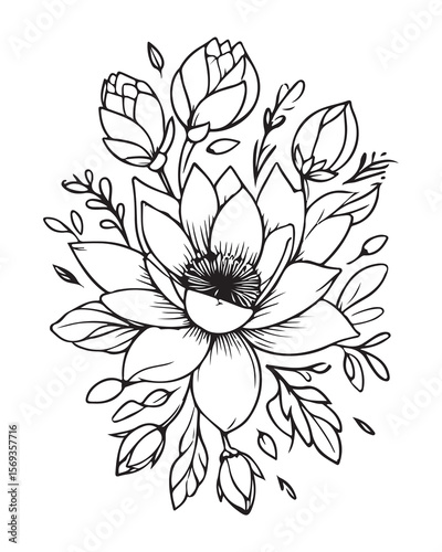 Detailed black and white floral illustration of a stylized lotus flower design with buds and leaves