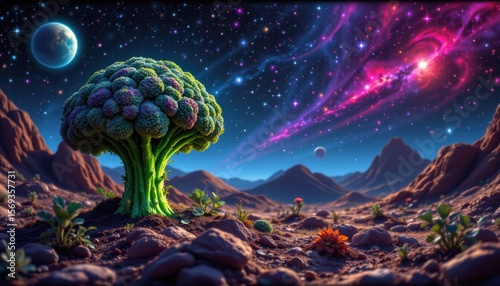 create a retro style image that features a unique take on a galaxy version of broccoli world, where broccoli takes center stage in a vibrant and imaginative universe