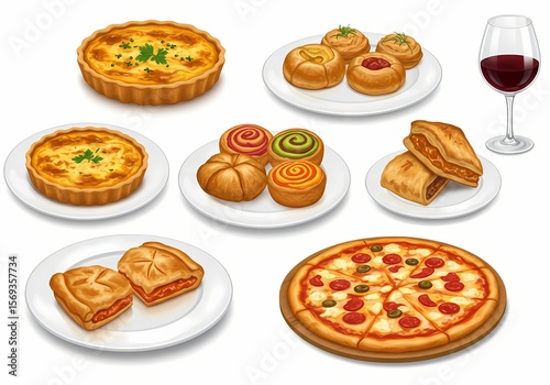 Delicious assortment of savory pastries and baked goods served with a glass of wine for a delightful culinary experience.