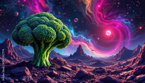 create a retro style image that features a unique take on a galaxy version of broccoli world, where broccoli takes center stage in a vibrant and imaginative universe