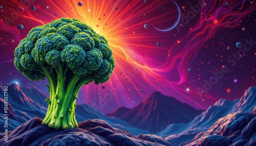 create a retro style image that features a unique take on a galaxy version of broccoli world, where broccoli takes center stage in a vibrant and imaginative universe