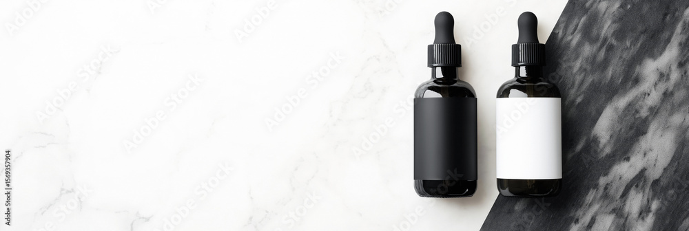 Fototapeta premium Beauty product bottles for website header, 3:1 banner image on marble surface with minimal black and white tones, copy space on the left for blog or landing page