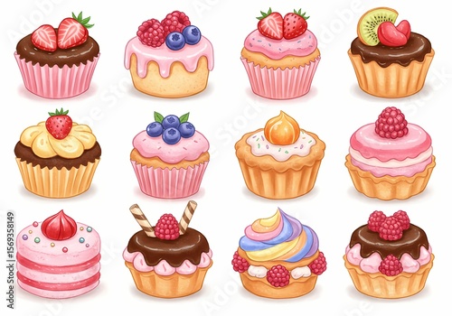 Tasty selection of beautiful cupcakes with fruit toppings in a sweet pastry assortment perfect for celebrations and dessert menus.