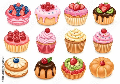 Delightful assortment of fruit topped cupcakes and pastries offers a charming and sweet treat presentation for dessert lovers.