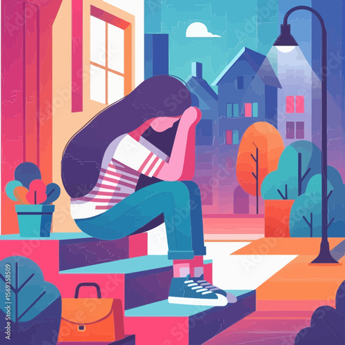 An illustration of a person sitting sadly on city steps, head in hands, amidst an urban backdrop. Ideal for websites/blogs on mental health, stress, loneliness, or urban struggles.


