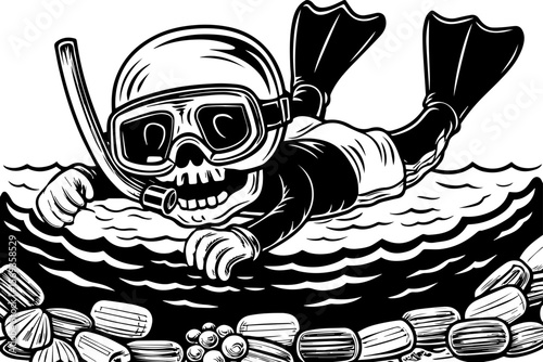 SVG design blending Halloween themes with a playful summer vibe. Fun Underwater Adventure with Skull Diver Illustrating Beach Life