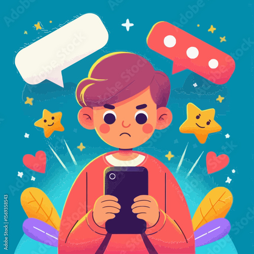 A frowning person looks at a phone surrounded by social media icons, indicating digital stress or negative online experiences. Ideal for websites/blogs on cyberbullying, social media impact