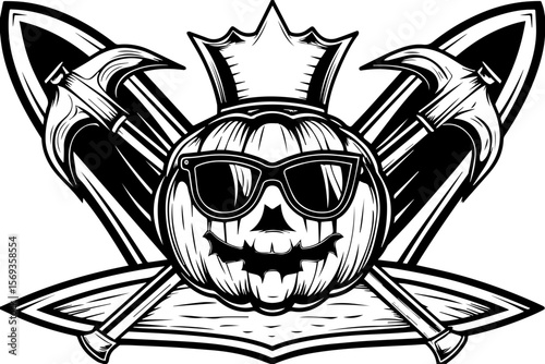SVG design blending Halloween themes with a playful summer vibe. Creative Pumpkin Beach Design with Sunglasses and Crossed Surfboards