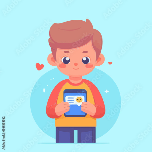 A boy happily interacts with a tablet, receiving positive messages. Ideal for websites/blogs on child-friendly tech, digital literacy, or online safety.

