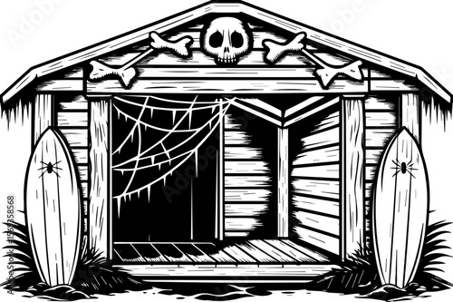SVG design blending Halloween themes with a playful summer vibe. Spooky Beach Hut with Skull, Bones, and Surfboards Illustration