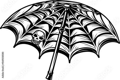 SVG design blending Halloween themes with a playful summer vibe. Artistic Black and White Illustration of a Spider Web Umbrella