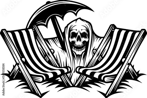 SVG design blending Halloween themes with a playful summer vibe. Grim Reaper by Beach Chairs with Umbrella in Black and White Design