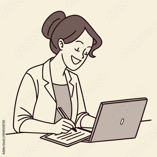 Successful and optimistic. Workplace portrait beautiful smiling young woman office worker accountant enjoying career sitting at desk looking at camera with candid smile distracted from using notebook