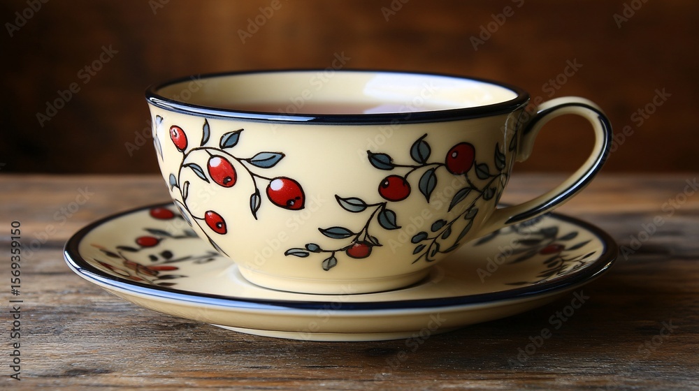 Fototapeta premium tea cup with red fruit design on wooden surface