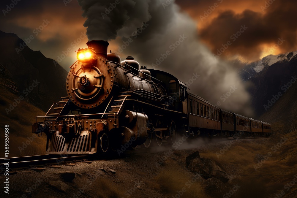 Fototapeta premium Vintage steam train is emitting smoke and traveling through a mountain valley at sunset