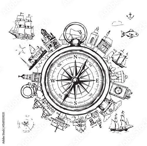 Vintage Compass and Nautical Map Elements Vector, AI generator