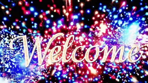 Welcome Greeting Text Animation with Sparkling Particles and Colorful Bokeh Fireworks for Celebration in 4K