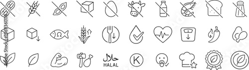 Healthy nutrition and dietary restriction food icons in thin linear vector illustration set. Includes labels for vegan, keto, paleo, allergen free, low carb and certified organic dietary needs.