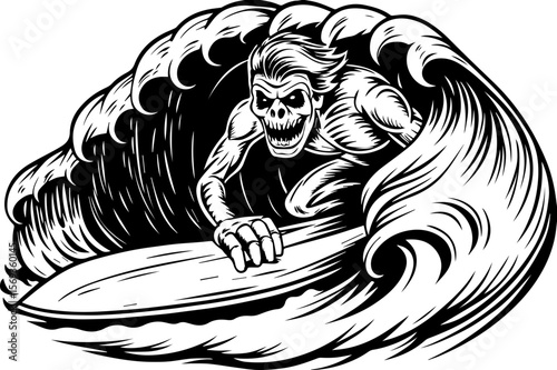 SVG design blending Halloween themes with a playful summer vibe. Eerie Skull Surfer Riding a Majestic Wave in Retro Style Artwork