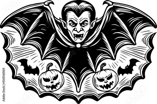 SVG design blending Halloween themes with a playful summer vibe. Vintage Halloween Dracula with Bats and Pumpkins in Monochrome Style
