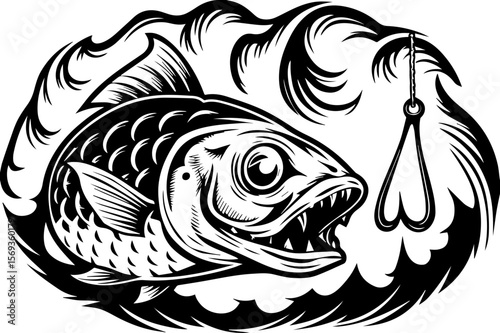 SVG design blending Halloween themes with a playful summer vibe. Dynamic Fish Illustration with Hook and Waves for Summer Fun