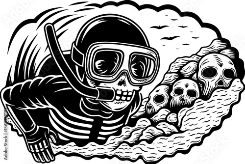 SVG design blending Halloween themes with a playful summer vibe. Underwater Skeleton Diving with Skulls in Summer Fun Adventure