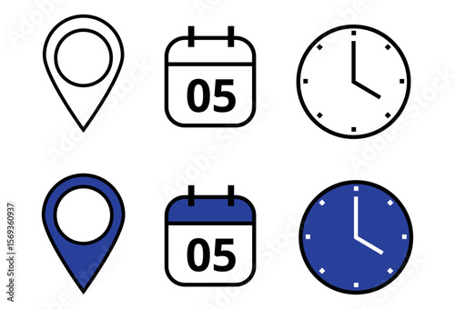 Collection of event, date, time and location icons for use on websites and graphic resources. Specific day of the scheduled date, day 05.