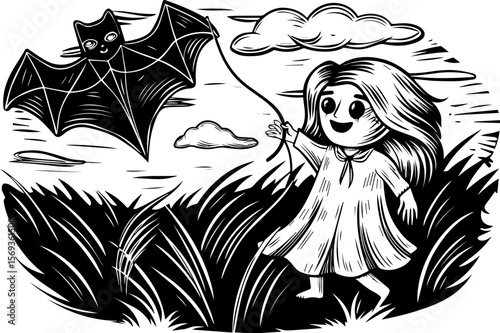 SVG design blending Halloween themes with a playful summer vibe. Joyful Child Flying a Kite in a Summer Camp Scene with Clouds