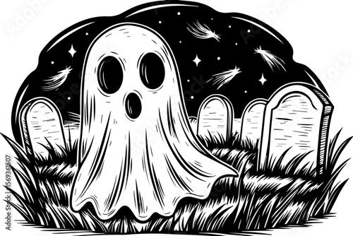 SVG design blending Halloween themes with a playful summer vibe. Spooky Ghost in Graveyard with Stars and Tombstones at Night