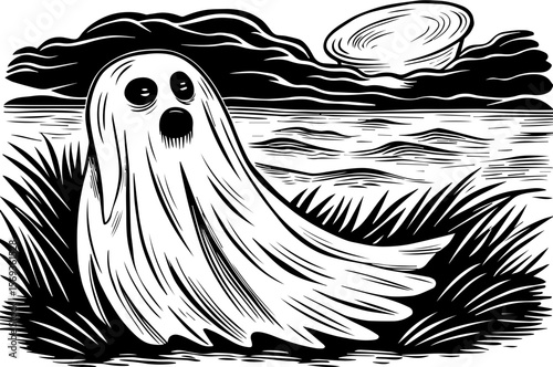 SVG design blending Halloween themes with a playful summer vibe. Curious Ghost Emerging from Grass Under a Dramatic Sunset Scene