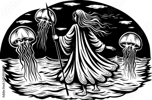 SVG design blending Halloween themes with a playful summer vibe. Mystical Journey Through the Sea with Ethereal Jellyfish Encounter
