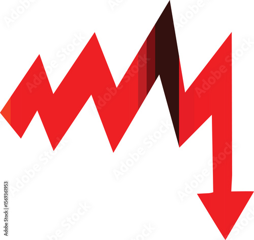 Red arrow zig zag shape going down stock icon down represents trading loss business decline  Decrease, Bankruptcy, financial market crash icon for your web site design, logo, app, 