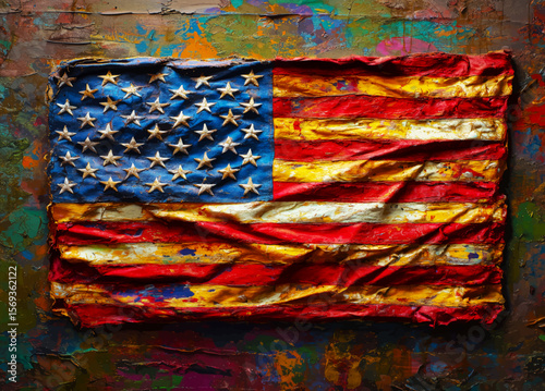 An abstract artistic interpretation of the US flag in rich, textured brushstrokes. The illustration conveys a sense of energy, history, and emotional depth through folds, colors, and uneven surfaces.
