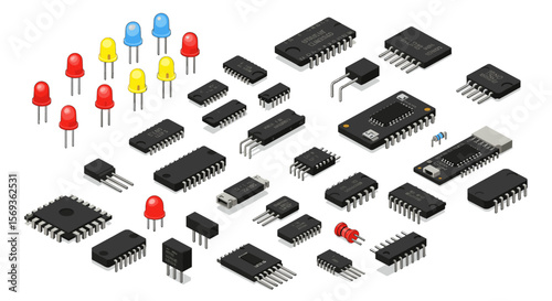 Isometric vector illustration of electronic components and microchips for technology designs