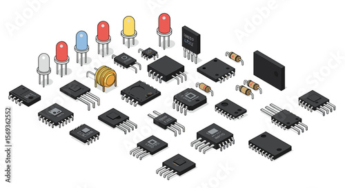 Electronic components isometric vector illustration for educational design and technology projects