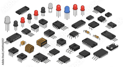 Electronic components isometric vector illustration for technology design projects